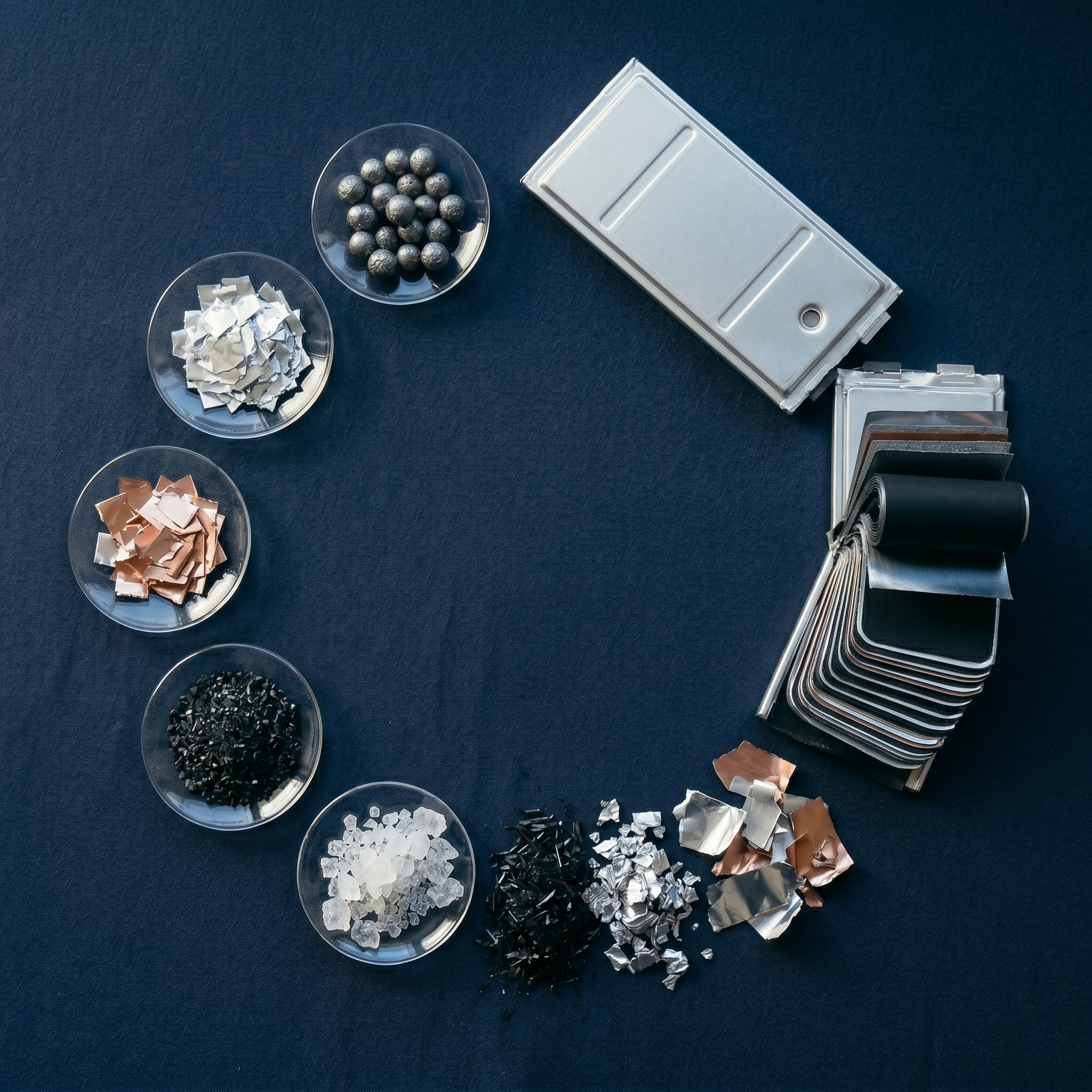 Battery lifecycle: raw materials, assembled cell, disassembly, and recovered materials in a circular arrangement