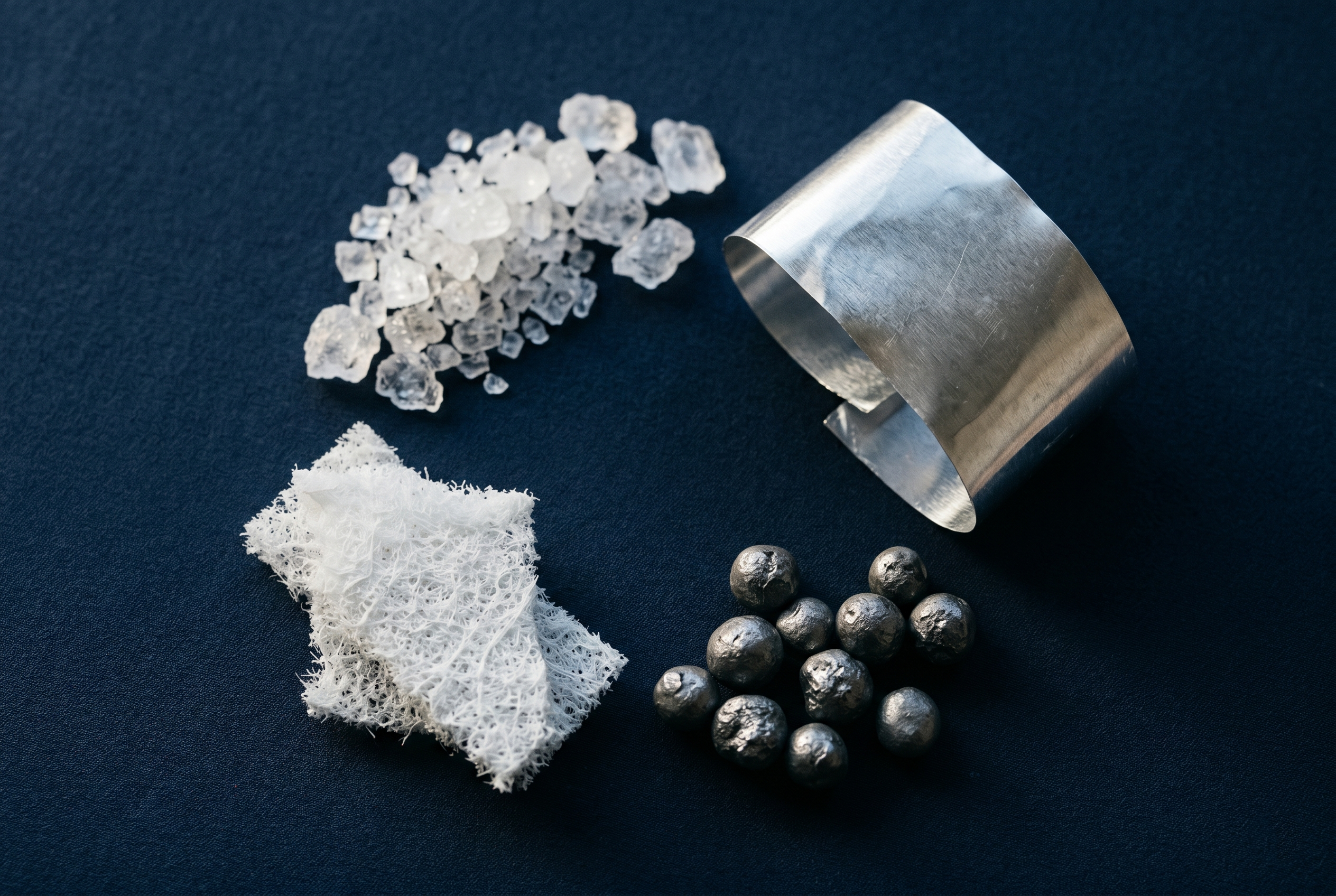 Raw battery materials — sodium crystals, aluminum, polymer membrane, and iron — arranged in a circular composition