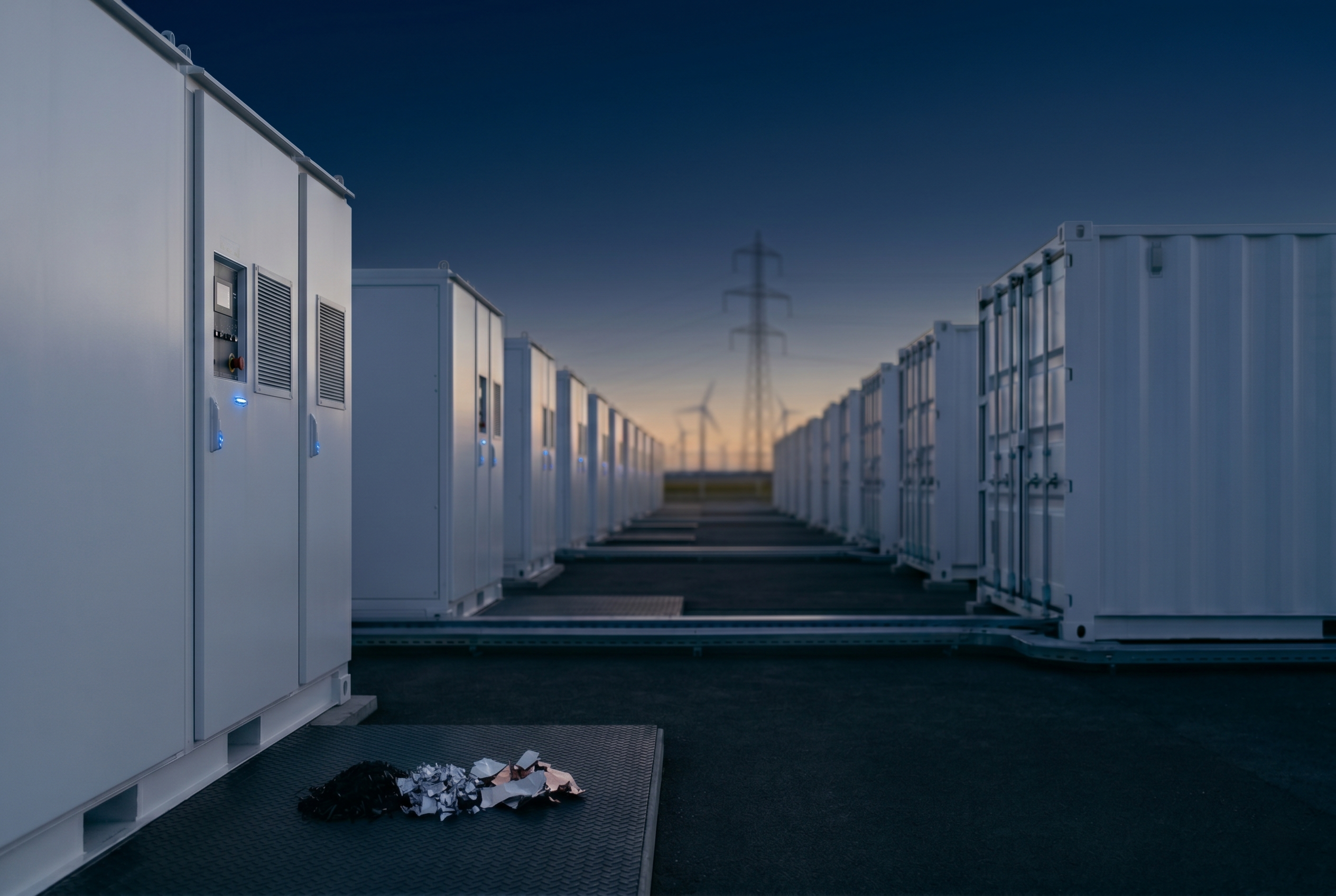 Utility-scale battery energy storage installation at dusk